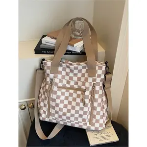 Large Capacity Women's Tote Bag, Colorblock Plaid Design, Simple Commuter Shoulder Bag, Multi-Pocket, Checked Pattern Tote, Versatile and Stylish