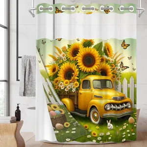 1pc 2D Flat hookless shower curtain with snap fastener and inner lining Sunflower Yellow Truck and Rabbits Waterproof inner lining shower curtain, transparent window, double-layer shower curtain, 71 x 74 inches, modern family curtain decoration