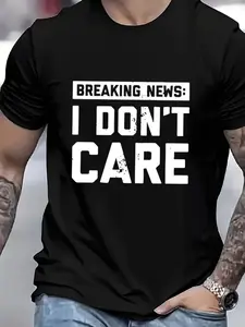 1pc Bold "I DON'T CARE" Letter Heat Transfer Patch, Casual Crew Neck Short Sleeve Tee, Breathable Cotton Fabric, Slight Stretch, Summer Fashion Top, Regular Fit, Summer Trendy Short Sleeves