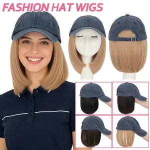 6in Fashion Baseball Cap with Hair Extensions for Women Heat Resistant Synthetic Adjustable Short Straight Hairpiece Replacement Bob Wigs in Navy Blue Hat for Girls Women