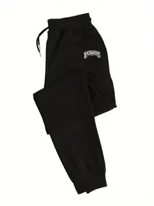 Backwoods Men's Casual Sweatpants - Loose Fit with Pockets, Stretch Waistband, Black Letter Print Design, Perfect for Fall