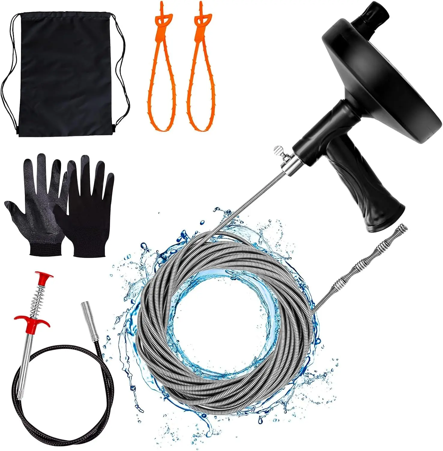 33-Foot Drain Auger – Plumbing Snake Hair Clog Remover with Flexible Grabber, Heavy Duty Sink Cleaner Tool for Shower, Bathtub, Bathroom & Kitchen Pipes