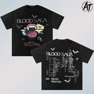 Enhypen Blood Saga World Tour 2026 Vintage Washed T-Shirt Kpop Concert Graphic Tee Double Sided Vampire Aesthetic Shirt Seoul Tokyo Macau Tour Dates Acid Wash Oversized Streetwear Unisex Fan Gift Summer Outfit, Gift for Girl Friend