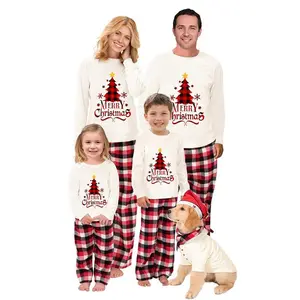 Family Christmas Pajama Set – long-sleeve top with Christmas tree letter print and checkered pants; holiday photos and pajamas for Christmas Eve (GARMENTARY)