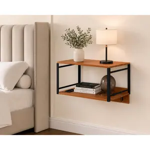 Wall Mounted Nightstand with Storage Shelf, Floating Bedside Table with Hooks, Space-Saving Modern Nightstand for Bedroom, Dorm Room, or Small Spaces