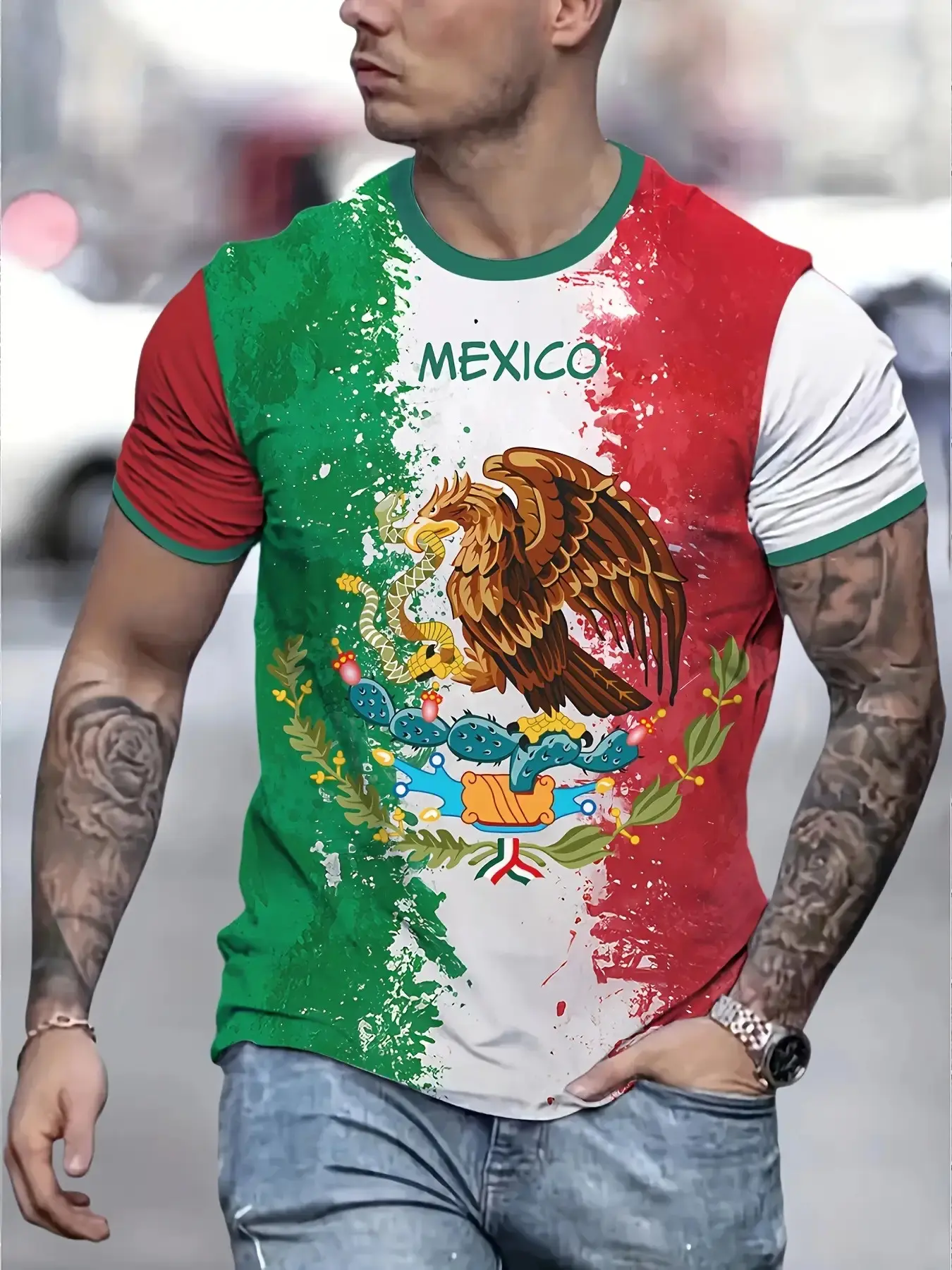 2026 Men's Mexican Eagle Print T-Shirt - 100% Polyester Crew Neck Short Sleeve, Fitted, Menswear, Streetwear, Mexican flag colors, eagle emblem, casual summer top, casual wear, Casual summer clothing, breathable and comfortable style