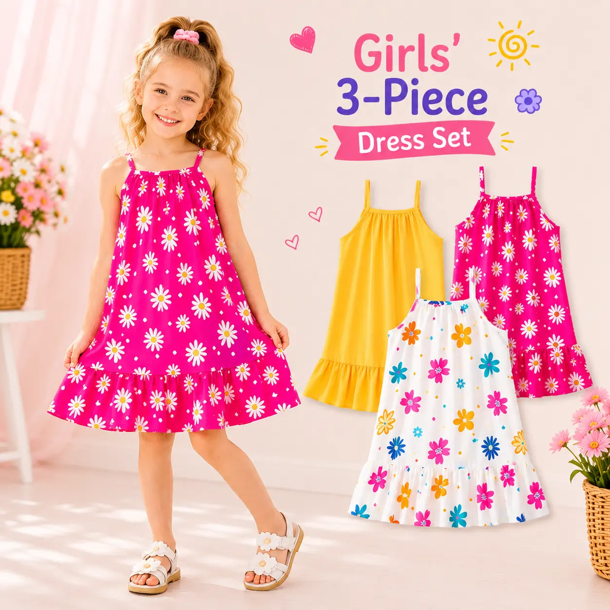 Girls' 3-Pack Summer Dresses, Lightweight Spaghetti Strap Swing Style with Floral, Heart & Polka Dot Prints for Beach Vacations, Polyester Outfit, Kids Clothing Girls, Casual Wear, Graphic Print Dress, Off Shoulder, All Over Print
