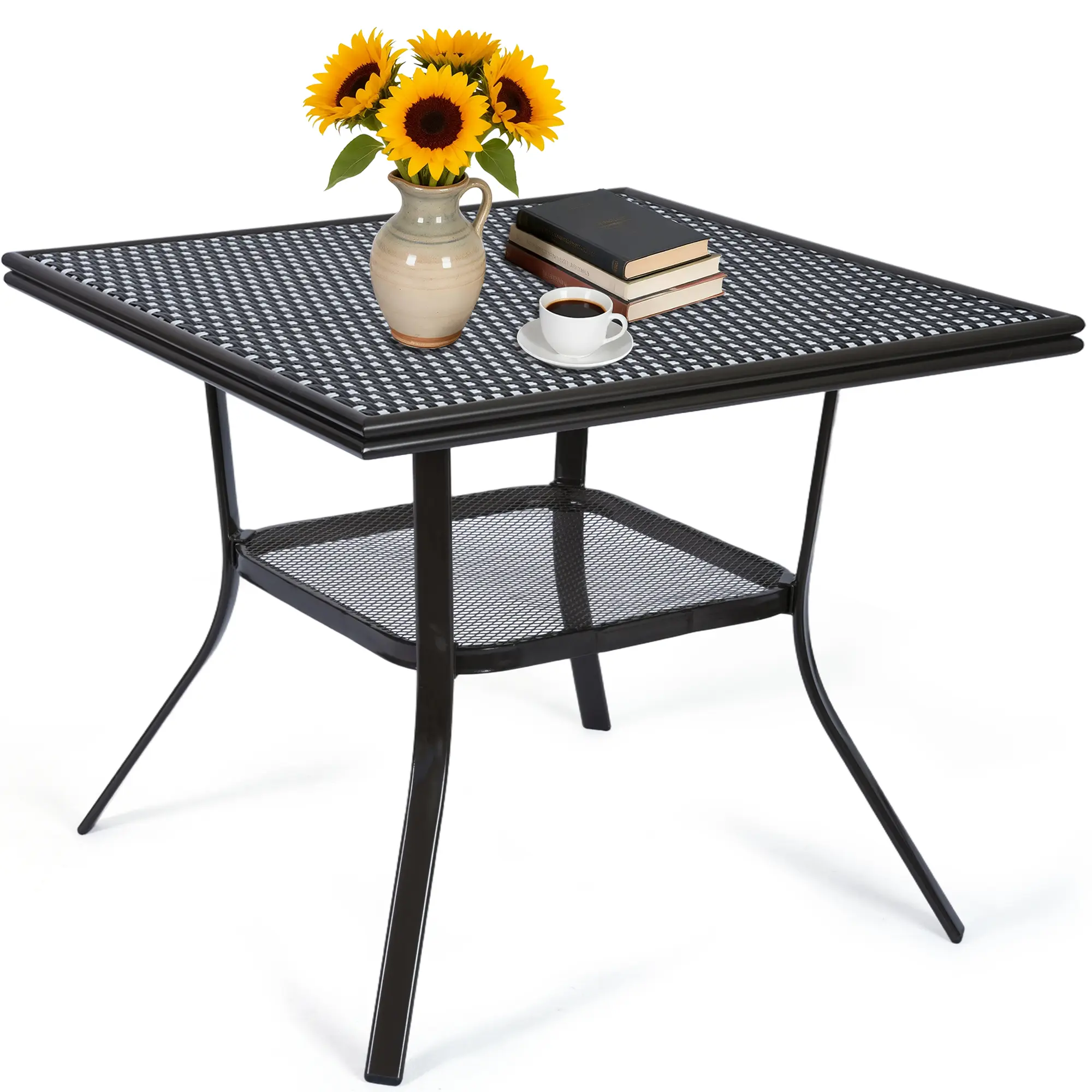 Jonpony 31" Square Outdoor Bistro Table, All-Weather PE Rattan Patio Side Table w/ Sturdy Metal Frame & Adjustable Foot Pads, Outdoor Wicker Dining Table for Poolside Backyard Garden Balcony