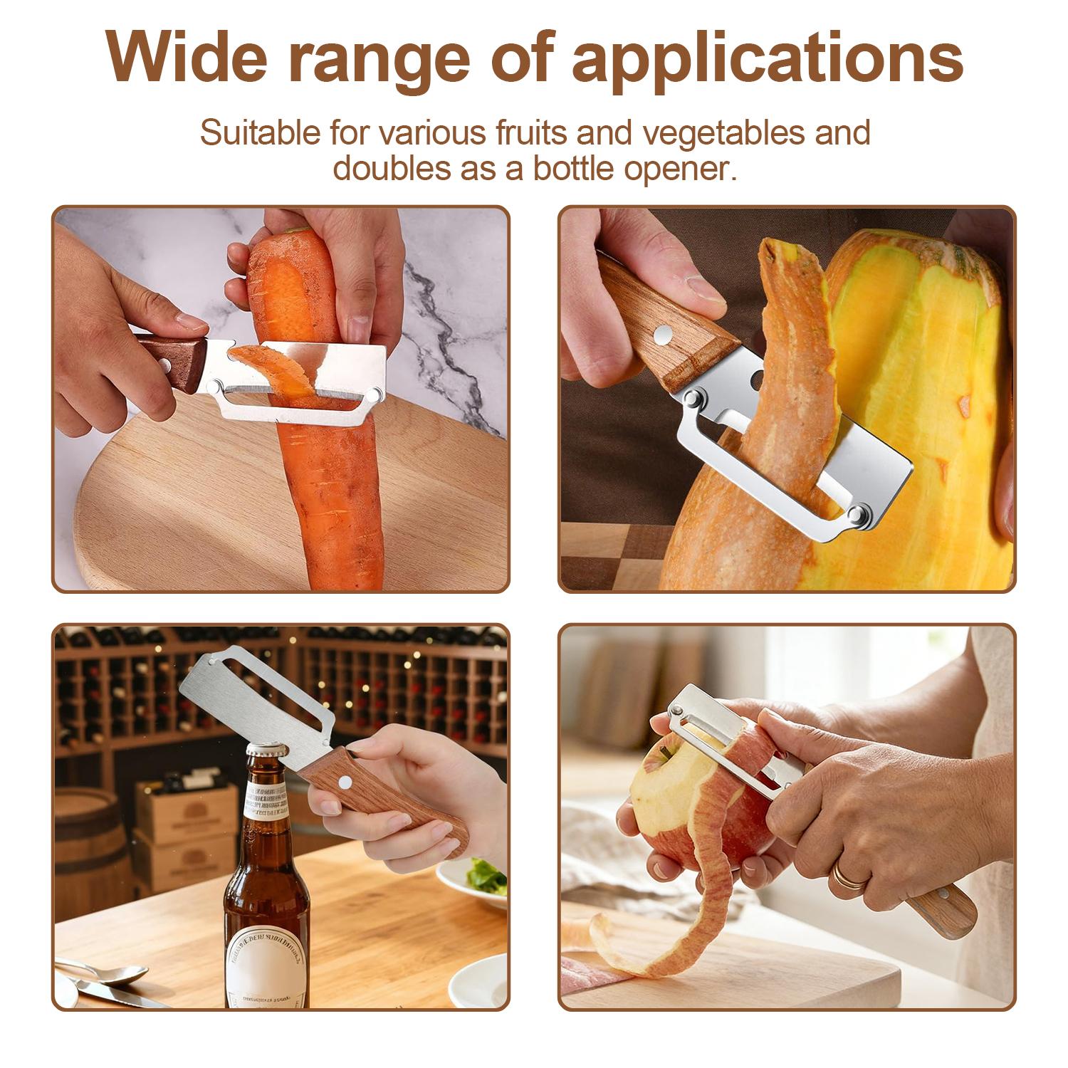2-in-1 Fruit & Vegetable Peeler with Bottle Opener, Sharp Stainless Steel Blade, Wooden Handle, Ergonomic Non-Slip Comfort Grip