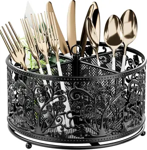 360 Rotating Utensil  - Silverware Cutlery  Holder with 4 Compartment, Metal Flatware Organizer Countertop with Handle for Party Camping Picnic, Kitchen Counter, Office (Black)