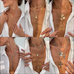 European and American Cross-Border Jewelry New Metal Retro Cross Pendant Collarbone Chain Fashion Multi-Layer Stacking Women's Necklace Gold Plated Crucifix