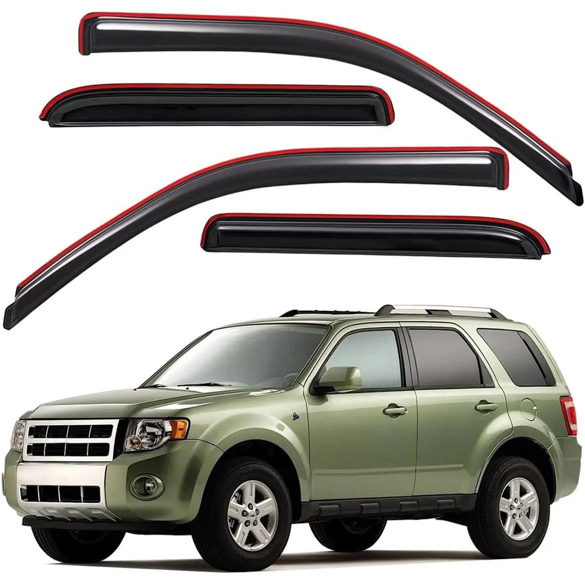 Lightronic 4-Pcs Stick-On Set In-Channel Automotive-Grade Side Window Deflectors & Rain Guards, Custom Fit for 2008-2012 Ford Escape (Including Hybrid), 2008-2011 Mercury Mariner & Mazda Tribute, UV Protection Smoke Tinted Debris Shield, Car-Wash Friendly