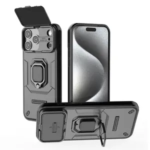 Lens Slide Window Case For iPhone 17 Pro Max 17Air 17/16 15 14 13 Case, Heavy Duty Protector Case Shockproof Silicone Shell with Car Magnetic Fold Ring Kickstand, fit Magnetic Car Mount Phone Cover