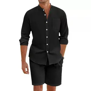 Men's Plain Casual Long Sleeve Menswear Clothes Set - Fine Linen Solid Shorts & Top Set, Breathable, Translucent, Loose Fit, Clean Silhouette for Cool Summer Comfort