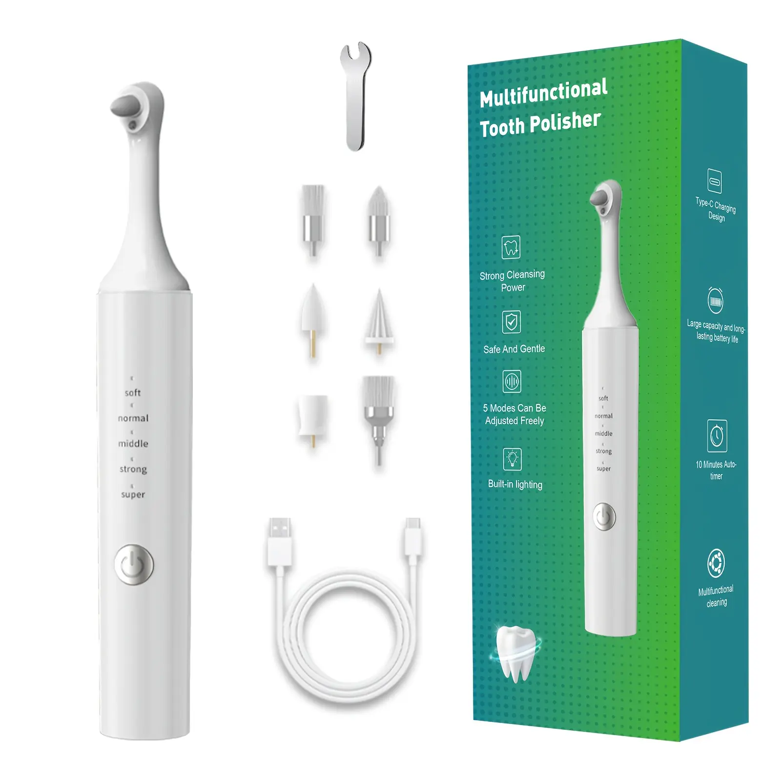 Rechargeable Electric Teeth Cleaner with LED Light, 5 Cleaning Modes, 6 Replaceable Tips for Deep Teeth Cleaning, Plaque Removal & Oral Care