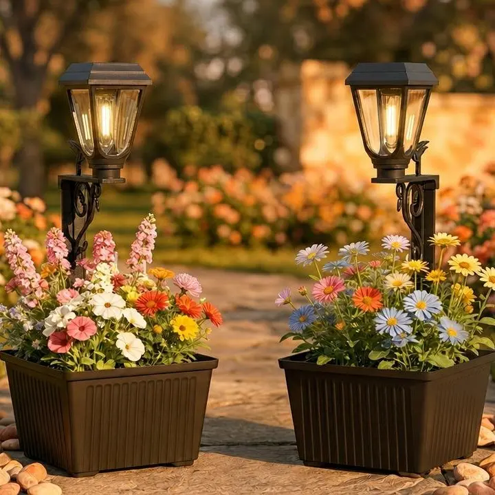 HMCITY Solar-Powered Light Post with 2-in-1 Outdoor Planter (Flowers Not Included) - Glass Shade, 20Lumen Glass Bulb, IP44 Decorative Outdoor Floor Lamp for Lawns, Patios (1/2pcs Set)
