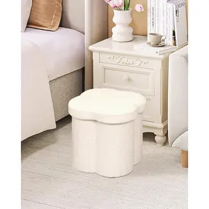 Storage Ottoman Cube Flower-Shaped Footstool Pouf with Hidden Storage, Faux Teddy Fur Boucle Seat Ottoman for Living Room Bedroom Dorm Room Home Decor Soft Footrest Gift White 12.6"x12.6"x12.6"
