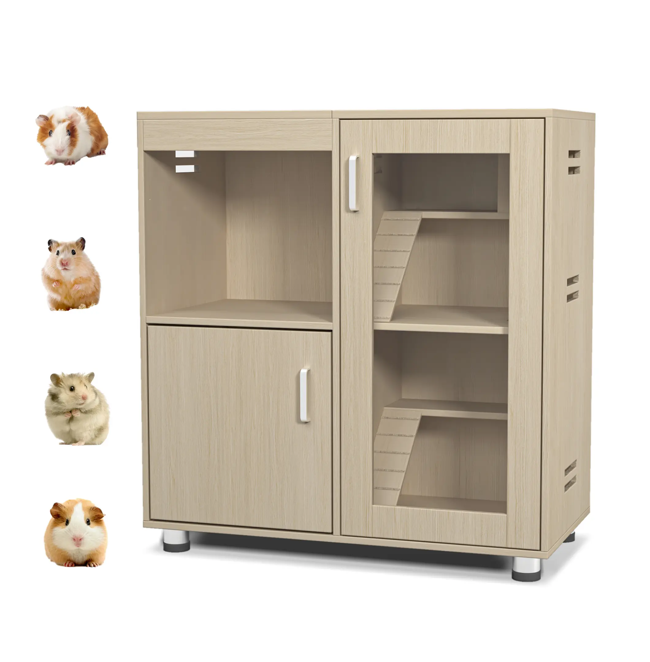 Hamster Cage 4-Tier Wood Small Animal Habitat, Guinea Pig Cage with Acrylic Windows & Storage, Rat Chinchilla Cage, Open Top 31.5"x15.75"x34.65"