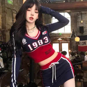 Dopamine American Cheerleading Outfit, Sweet Cool Sport Two-piece Skirt Set, Slim Crop Top + Bodycon Mini Skirt for Early Autumn Spicy Girls