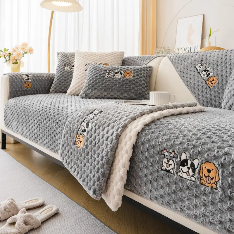 Cartoon Dog Embroidery Sofa Cover, 1 Count Non-slip Thick Plush Sofa Cover, Machine Washable Sofa Couch Covers, Washable Sofa Slipcover for Home Living Room Bedroom Office, Soft Sofa Protector, Slipcovers for Couches and Sofas