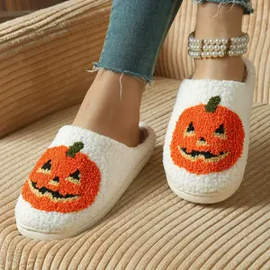 Fuzzy House Slippers for Women Men Warm Non-Slip Open Heel Slippers Cute Pumpkin Pattern Soft Thick Sole Plush Slippers Fashion Orange Cozy Slippers for Fall Winter Spring Indoor Use Walking Shoes