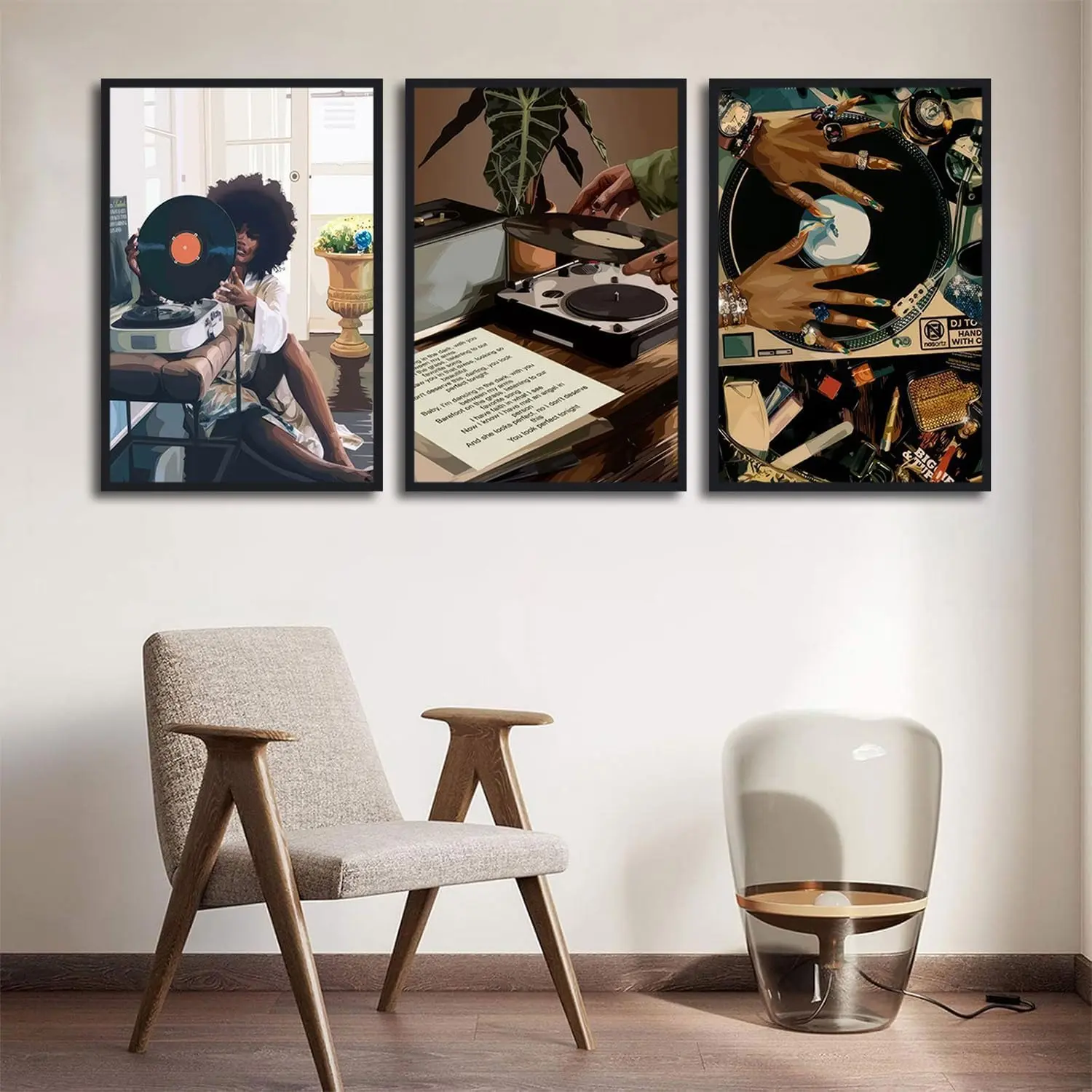 Frameless 3-Piece Retro Vinyl DJ Canvas Poster Set - Black Woman & Turntable Art Illustrations, Multi-Size Triptych Prints, Fade-Resistant Eclectic Home Room Decor for Music Lovers