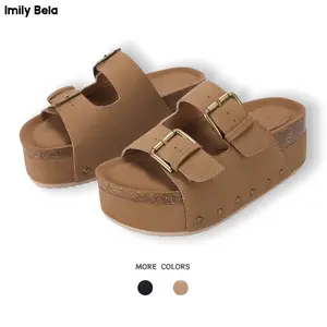Imily Bela Women's Cork Platform Sandals Slip on Mules and Clogs Double Buckle Straps Summer Shoes