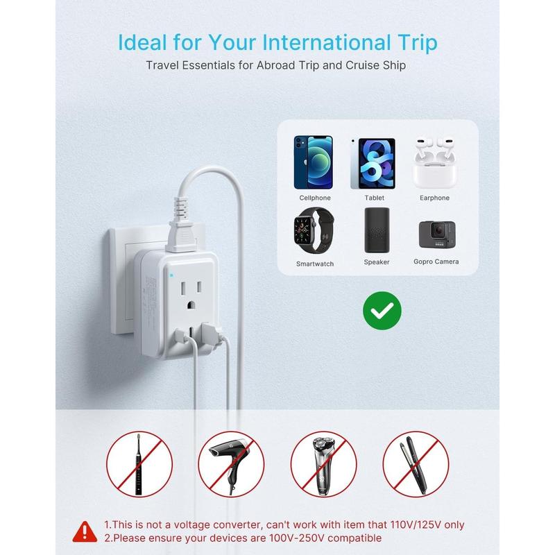 SQ-APT018 1 Pack European Travel Plug Adapter,  Foldable International Power Plug with 2 AC Outlets 3 USB Ports(2 USB C), Type C Travel Essentials Charger for US to Most of Europe EU Italy Spain France