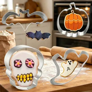 4-piece advanced Halloween themed cookie cutting set, with a quirky and fun baking style, shiny polished silver surface, sturdy stainless steel structure, and easy to clean design, perfect for Halloween gifts, autumn celebrations, and daily home baking