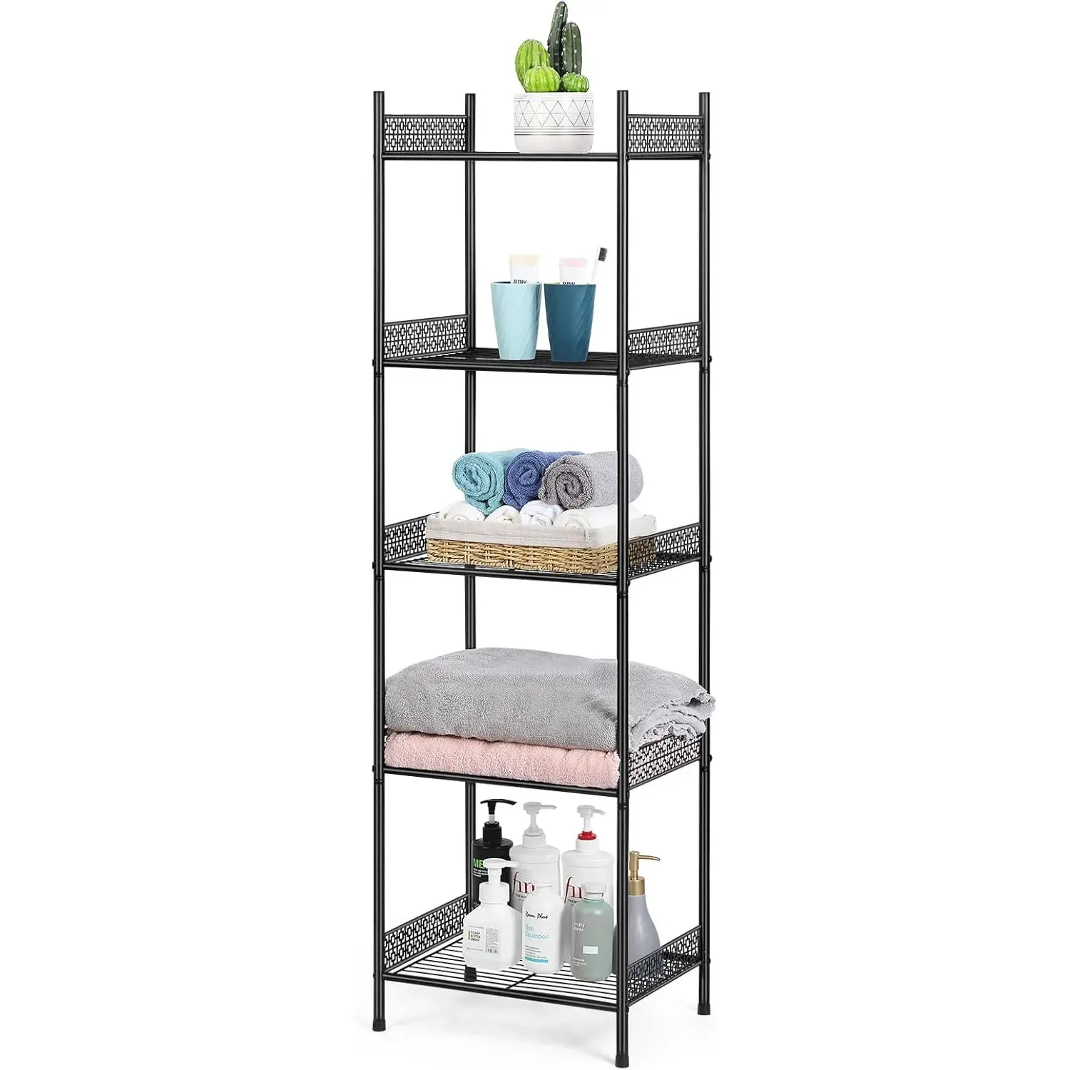 5-Tier Bathroom Storage Shelf, Heavy Duty Wire Shelving Unit Free Standing Towel Rack Organization for Kitchen Bathroom Laundry, Black