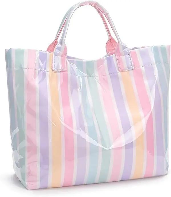 Striped PVC Tote Bag Large Glossy Striped Handbags Waterproof Top Handle Bag Plastic Tote Handbag Beach Travel Work