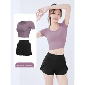 Sports suit women's summer with chest pads, yoga clothes, professional running fitness tight short-sleeved shorts two-piece set