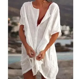 Women’s Swimsuit Cover-Up Shirt Dress, Button-Down Short-Sleeve Tunic Top — Vacation Beachwear