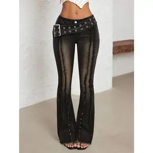 Jeanoix Women's Low Waist Flare Leg Jeans With Sun-Shaped Buckle And Eyelets, Black Denim Pants