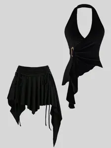 Women's High-Waisted Asymmetrical Hem Halter Top Set, Classic Commuter Style, Slim-Fitting Plain Design, All Seasons Wear, Womenswear