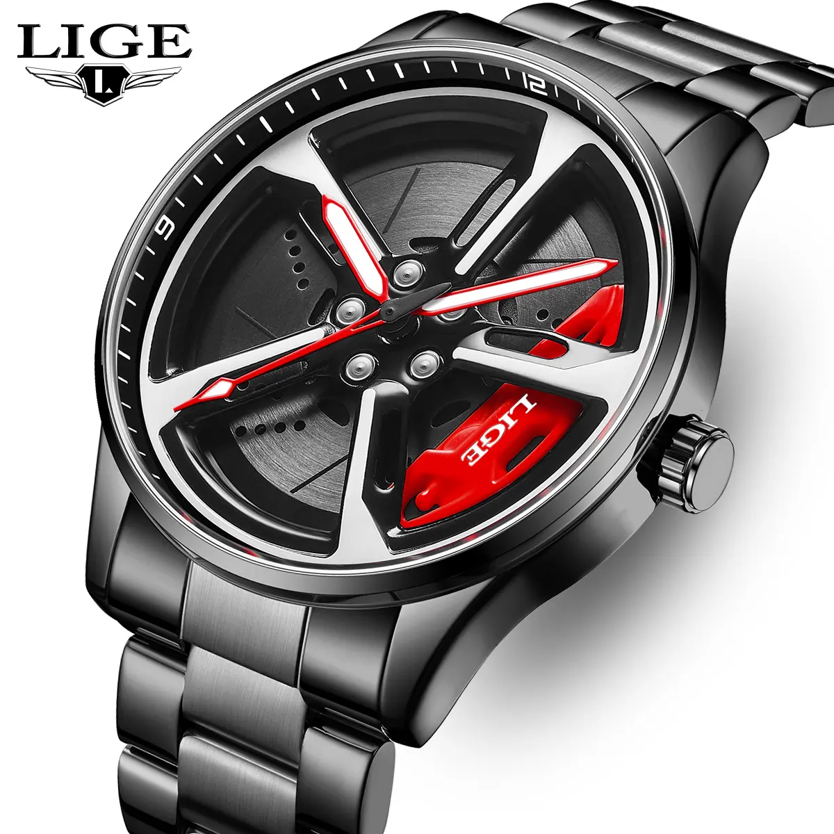 LIGE Men's Modern Rotating Wheel Wristwatch with Steel Strap, Fashionable Casual Analog Watch with Large 52mm Dial and Luminous Hands, Fashionable Wristwatch