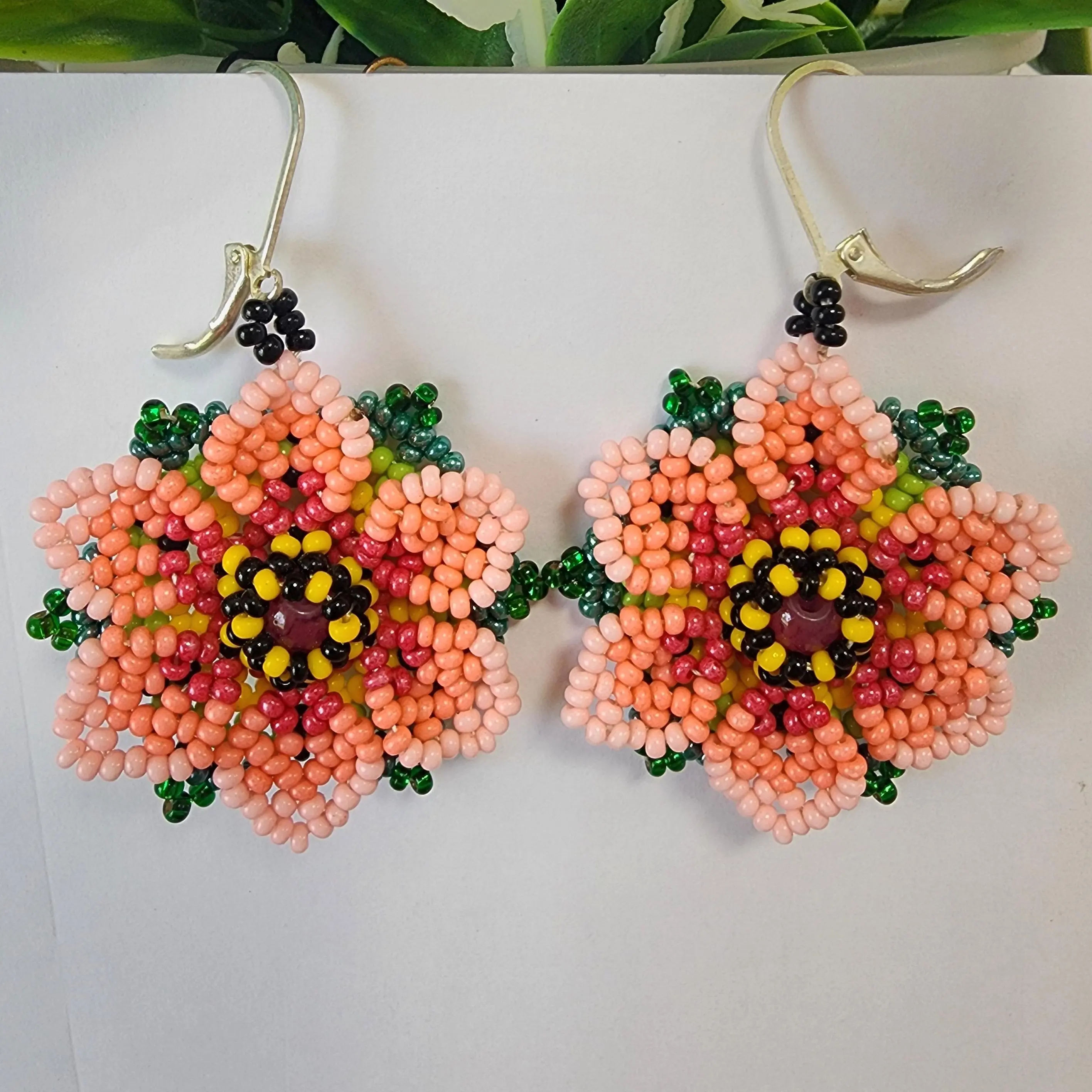 Sunflower Beaded White  Color Earrings with Green Accents and Yellow Center Beads for Festive Wear