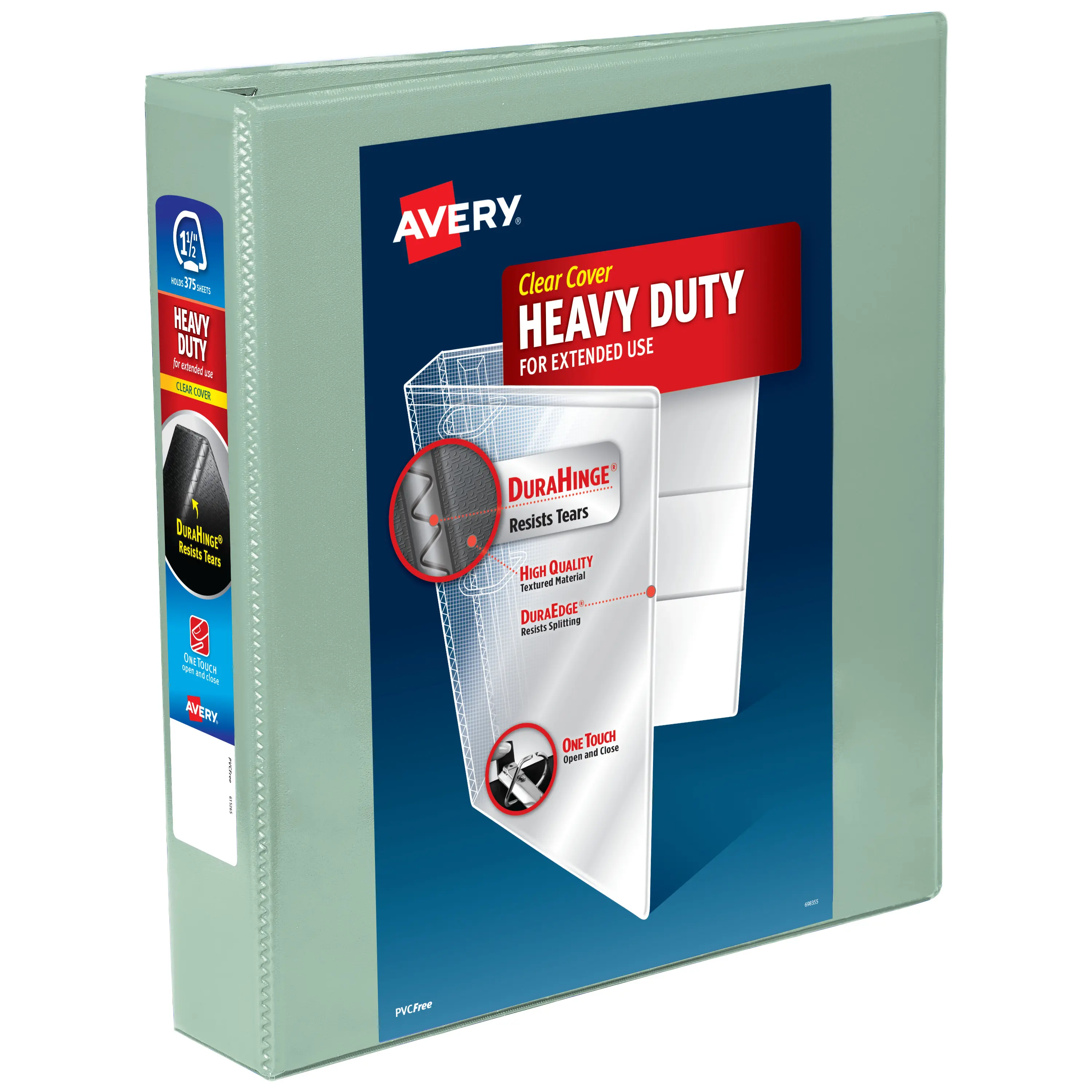 Avery Heavy-Duty View 3 Ring Binder, 1.5 Inch One Touch Slant Rings, 375-Sheet Capacity, DuraHinge, 2.1 Inch Wide Spine, Customizable Clear Cover and Spine, 1 Pastel Sage Green Binder (79819)