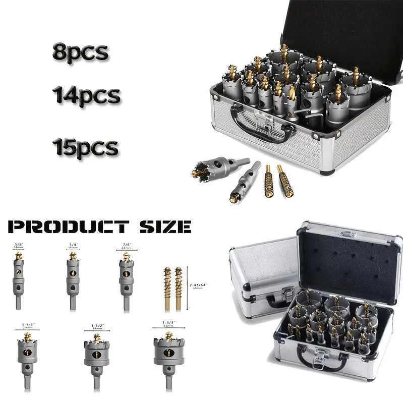 Tool Set Hole Saw Kit for Hard Metal, TCT 1/2"13Mm--2-1/8"54Mm Hole Saw Tipped Hole Cutter Set with -Plated Pilot Drill Bit for Metal, Wood, Plastic
