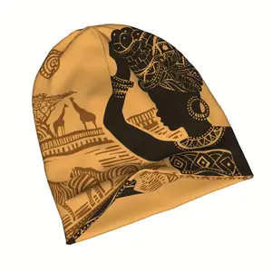 2024[African Tribal Beanie] 1pc Unisex Lightweight African Tribal Print Beanie Hat - Elastic Polyester with Zebra & Giraffe Motifs, Yellow Cultural Design for Sports, Casual Wear - Valentine's Day, Mother's Day, Carnival Gift, Sports Headwear, Modern Urba