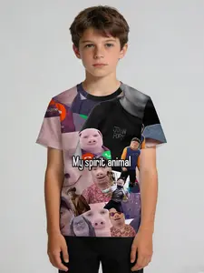 Boys' Short-Sleeve T-Shirt "John Pork Call Edition" Crew Neck Short Sleeve with Black Background and Funny Pig Face Call Meme Print, Skin-Friendly, Breathable and Sweat-Wicking, Suitable for Campus Daily Wear / Outdoor Play / Summer Outings