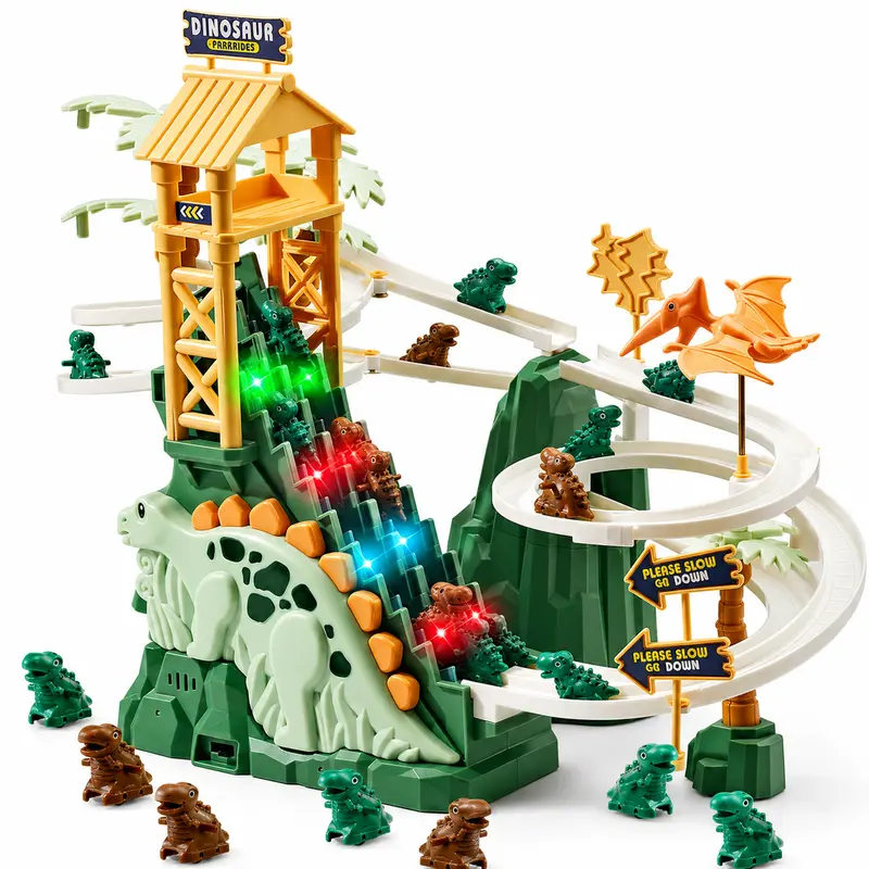 Dinosaur Race Track Set for Kids, Dino Sliding Track Toy with Lights & Music, Double Elevator Ramp, 20 Dinosaur Figures & Multi Level Track Playset for Boys Girls