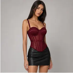 Women's Solid-Color Fashion Corset Top - Slimming, Waist-Cinching Mesh Camisole with Built-in Pads for Outerwear Use