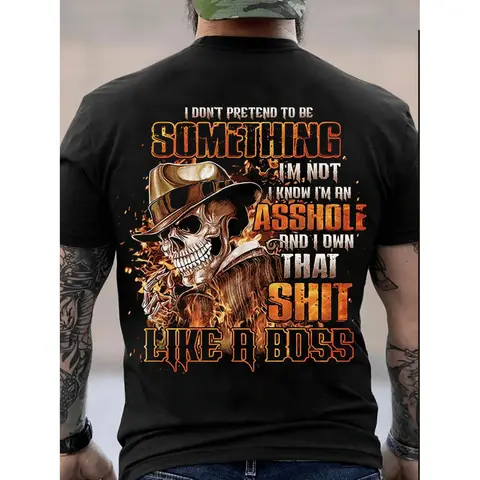 Men's Sports Top, 3D Skull Graphic Tshirt, Bold Letter Print, Comfortable Polyester-Cotton Blend, Short Sleeve Round Neck Top for Casual Wear