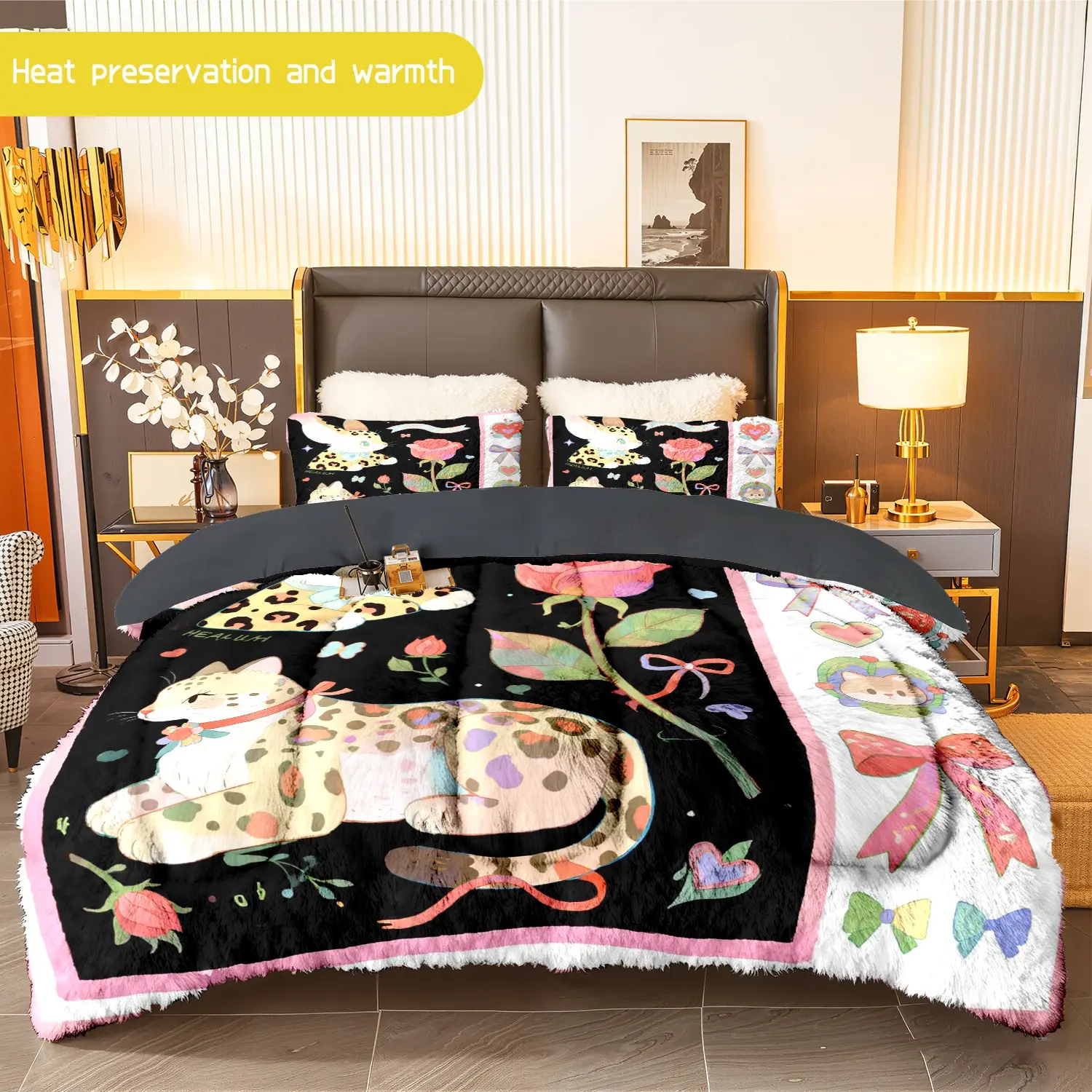 3pcs (1 comforter + 2 pillowcases) Cheetah - Themed Flannel & Milk Velvet Comforter Set, Soft Warm Bedding Set for Adults, Cozy Plush Quilt Set, Trendy Bedding Essentials