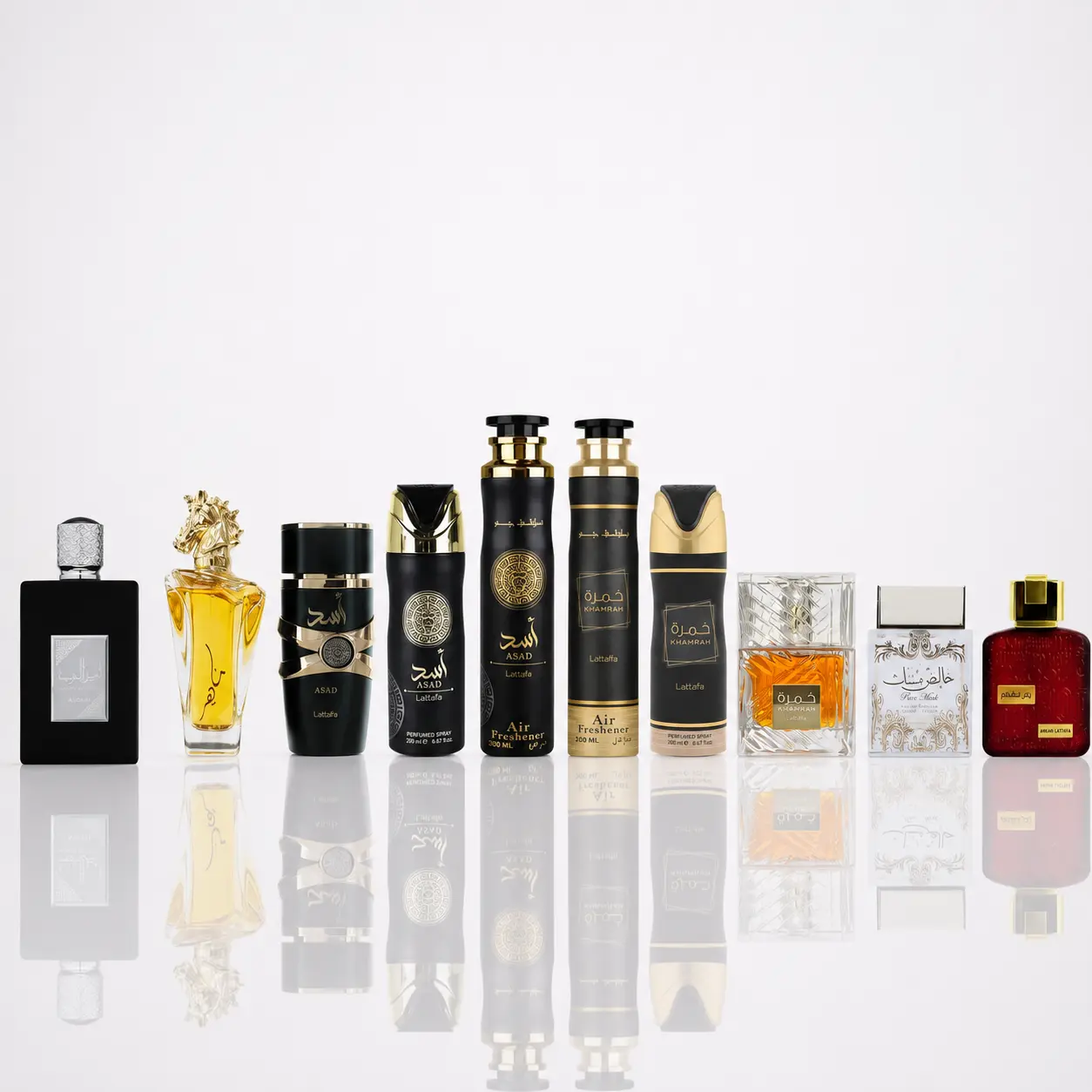 Lattafa Men's 10-Piece Fragrance Bundle Set - Ameer al arab, Maahir Gold, Asad (Eau de Parfum, Deodorant, Air Freshener), Khamrah (Eau de Parfum, Deodorant, Air Freshener), Pure Musk, Ramz Lattafa Gold, Coffee-Flavored Men's