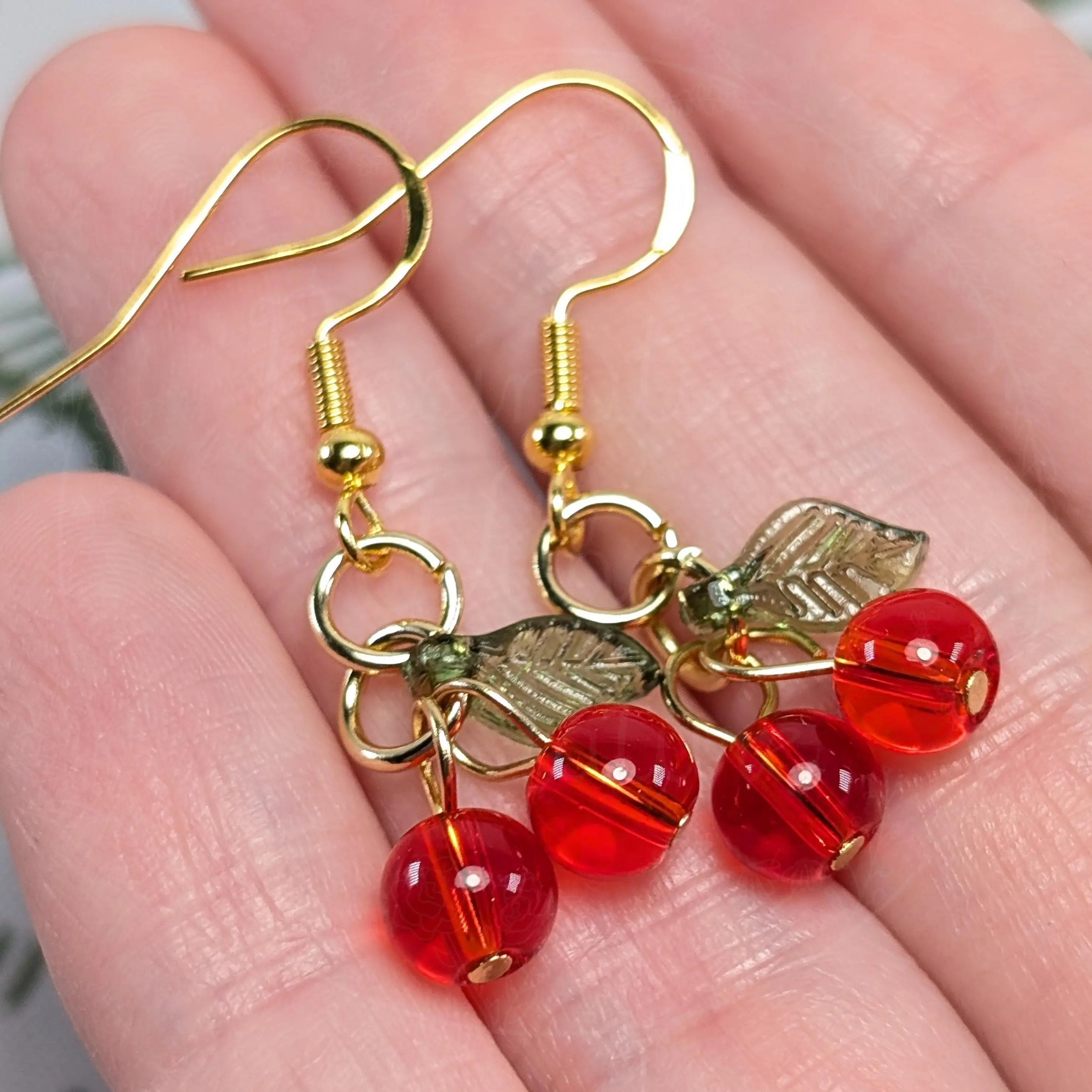 Cherry Bead Earrings, Red Beaded Cherry Earrings, Playful Fruit Earrings, Gold Earrings, Vibrant Red Earrings, Casual Chic Jewelry