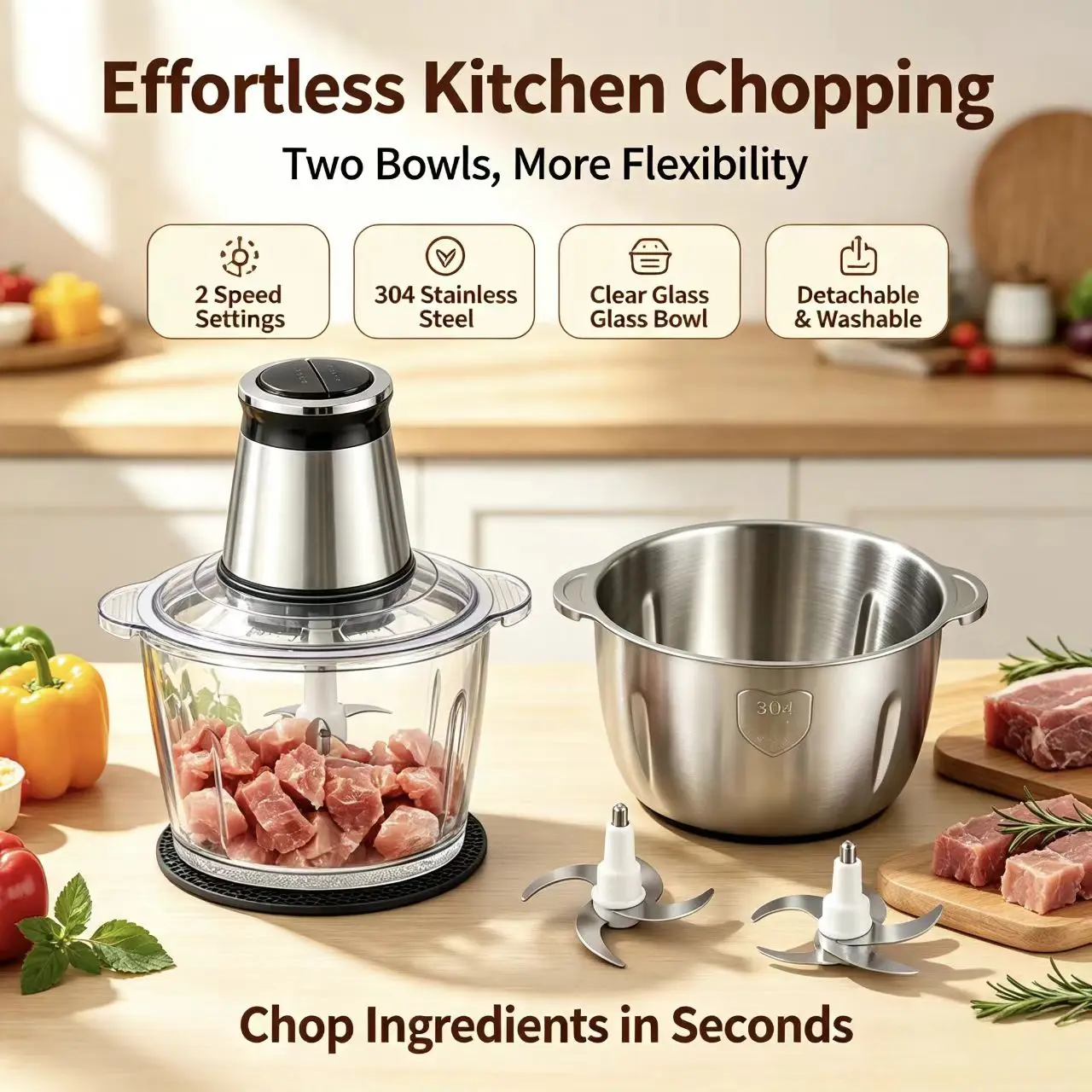 Kitchen in the box Food Processors 400W Small Electric Meat Grinder & Food Chopper with 2 Bowls & 2 Bi-Level Blades for Meat, Fish, Vegetable & Baby Food
