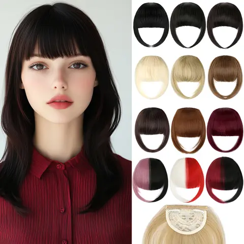 Dulchany Women's 2-Clip 8in Silky Straight Synthetic Wigs with Bangs - 30g Glueless Blunt Cut Full Fringe, Easy-Wear, Soft, Thick, Durable, Dye to Light/Dark, Fake Hair Extensions for Everyday Style