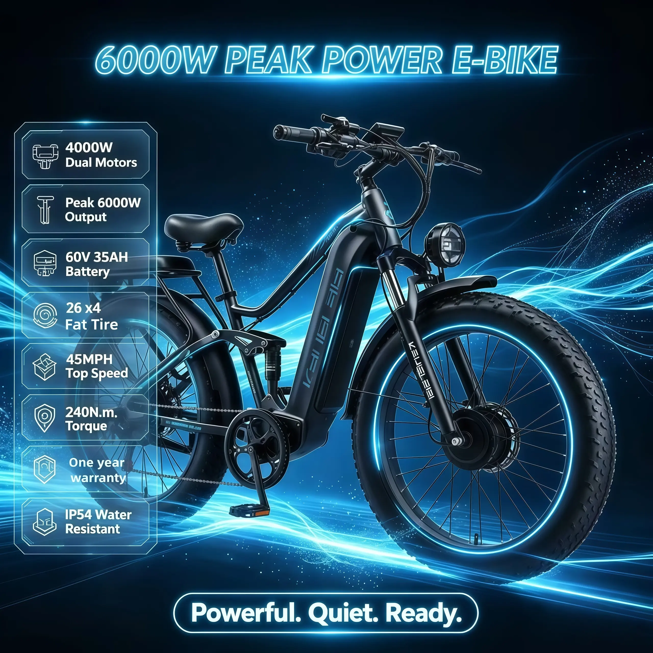 JESRIDER Dual-Motor 4000W Electric Mountain Bike - 60V 35AH, 6000W Peak, 240N.m Torque, 45MPH Top Speed, 90kg Capacity, LED Display, Fast-Charging, Ultra-Quiet for Off-Road, Urban Commuting, Fastcharging, 26"X4.0", Fat Tires sohochic, 3000W-6000W, 60V 35A